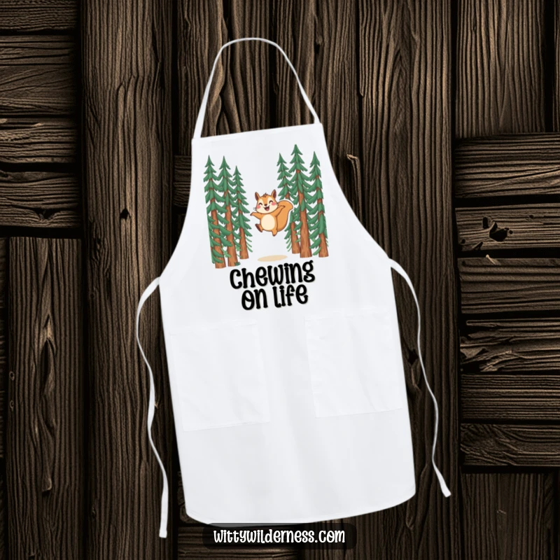 Funny apron showing a squirrel energetically leaping through pine trees, bringing joy to the kitchen.