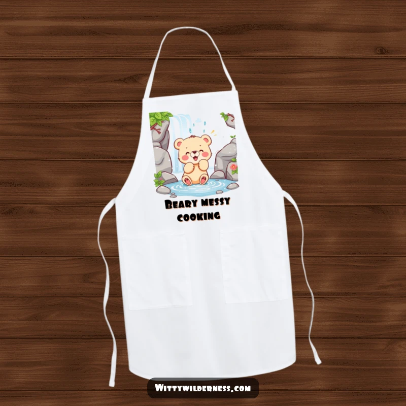Funny apron showing a happy bear cub playfully swatting at a waterfall, perfect for a fun kitchen.