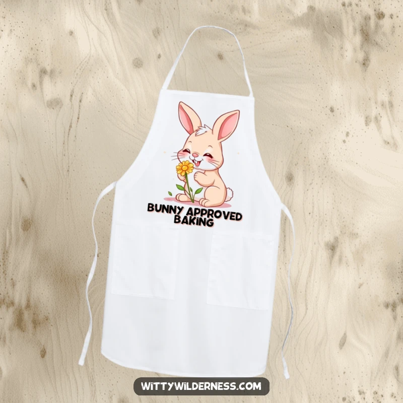 Funny apron print of a giggling bunny happily nibbling a small wildflower, adding charm to kitchen tasks.
