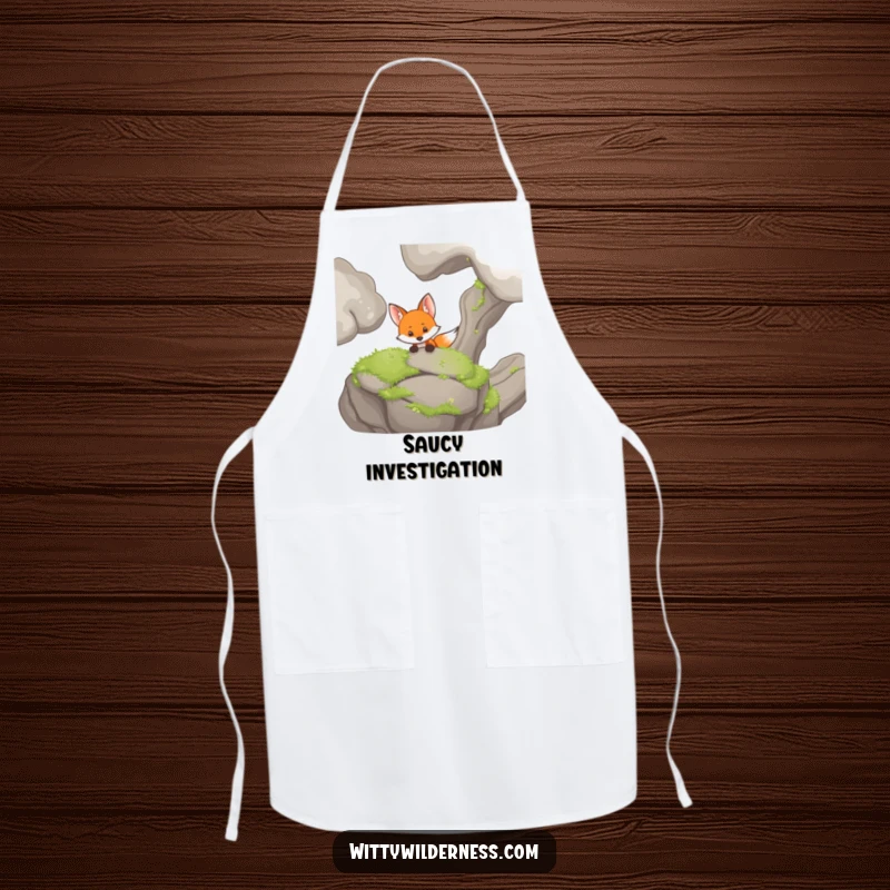 Funny apron showing a curious fox peeking from behind a mossy rock, perfect for a kitchen mystery.