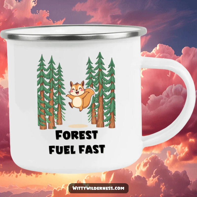 Funny camping mug featuring a joyful squirrel leaping between pine trees, perfect for outdoor adventures.