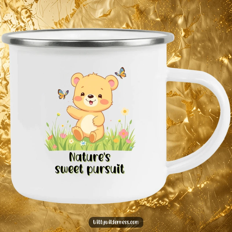 Funny camping mug depicting a happy bear cub joyfully chasing butterflies in a sunlit meadow, perfect for outdoor adventures.
