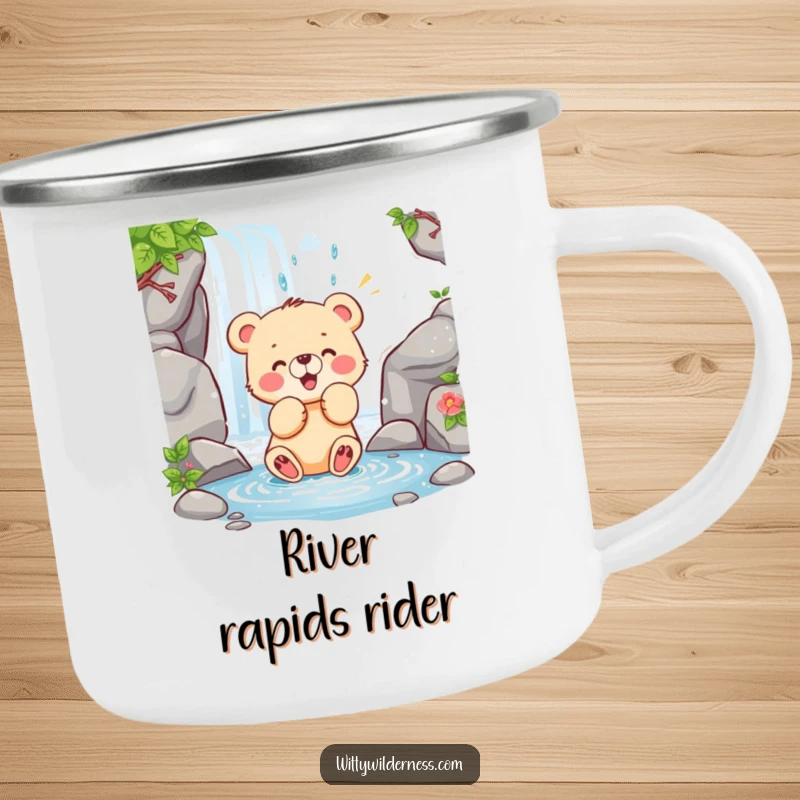 Funny camping mug featuring a happy bear cub playfully swatting at a waterfall, ideal for outdoor fun.