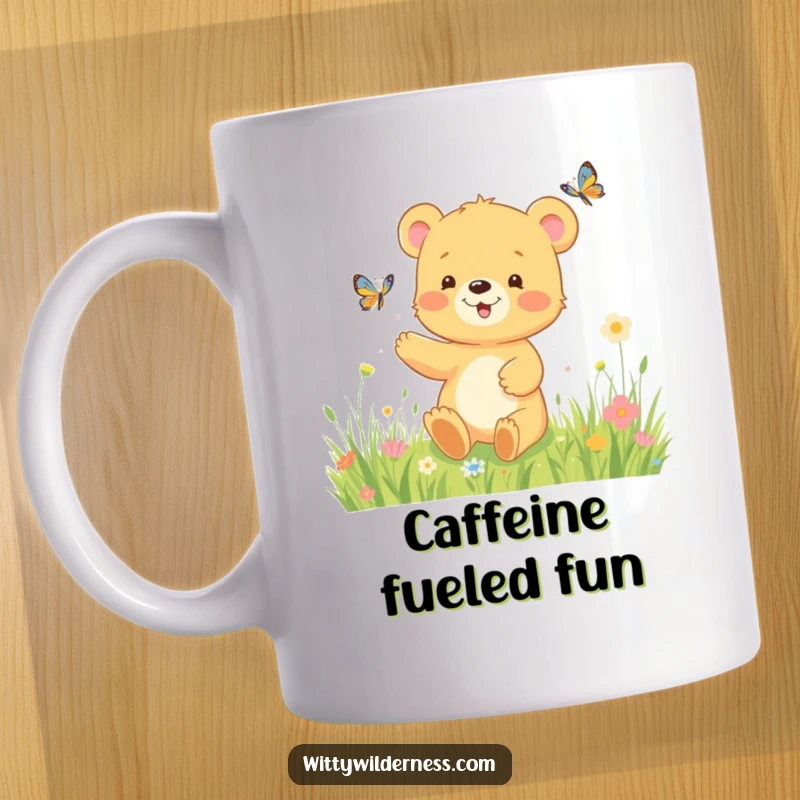 Funny mug showing a cute, happy bear cub playfully chasing a colorful butterfly through a blooming meadow, radiating pure delight.