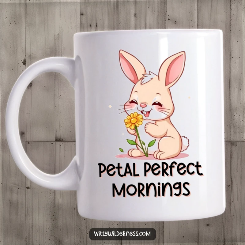 Funny mug showing a happy, giggling bunny gently nibbling on a small wildflower in a meadow, radiating sweet contentment.