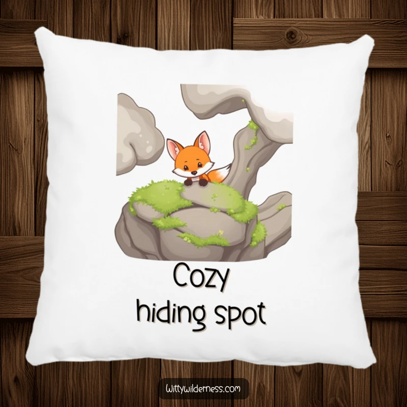 Funny pillow featuring a curious fox peeking from behind a mossy rock, offering comfort and a playful secret.