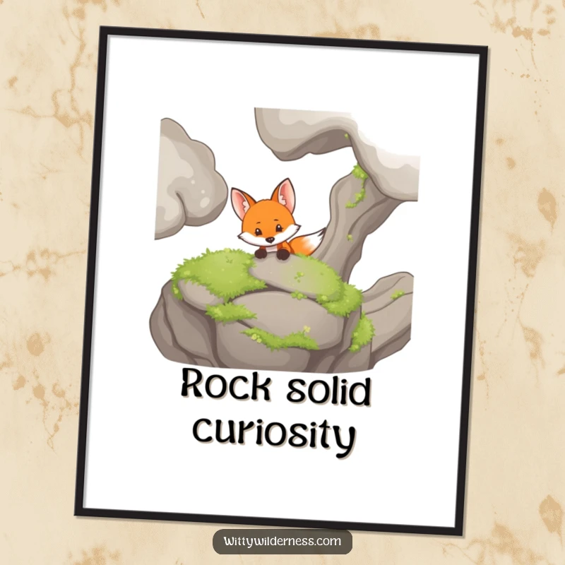 Funny digital art print of a curious fox peeking from behind a large, moss-covered rock, embodying playful mystery.