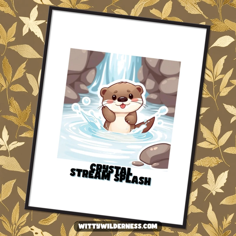 Funny digital art print of a playful otter pup splashing exuberantly in a crystal clear stream, a scene of pure aquatic delight and energy.