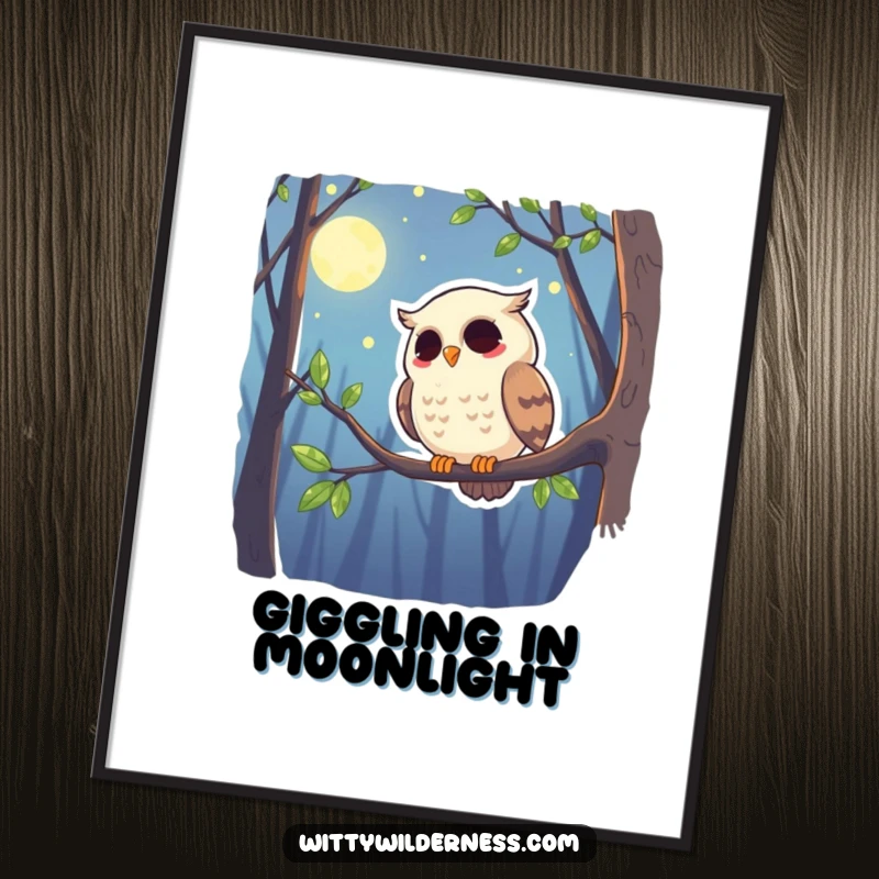 Funny digital art print of a giggling owl perched on a branch, scanning the moonlit forest with amusement.