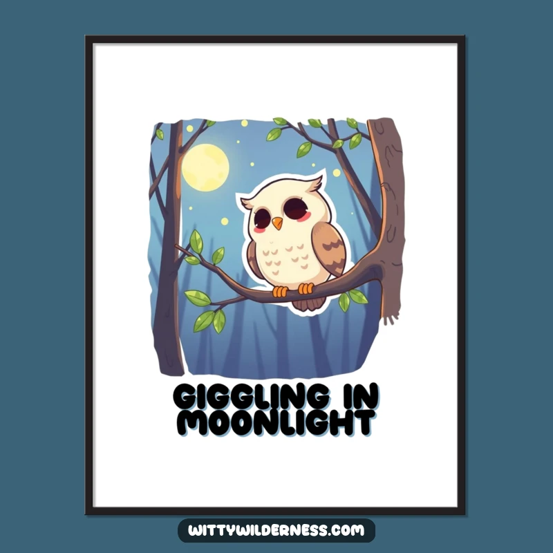Funny Owl Digital Art: Giggling Watcher, Instant Moonlit Forest Gift