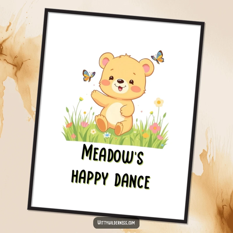Funny digital art print of a happy bear cub playfully chasing a butterfly in a lush, sun-dappled meadow, full of vibrant life and cheer.