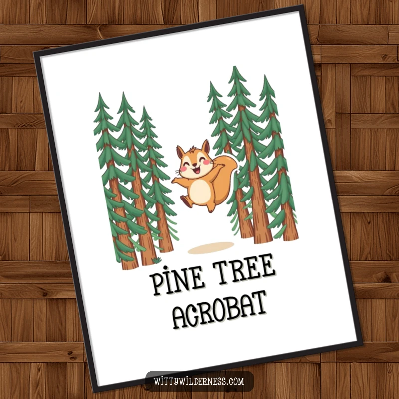 Funny digital art print of a squirrel joyfully leaping between tall pine trees, capturing a moment of pure exhilaration.