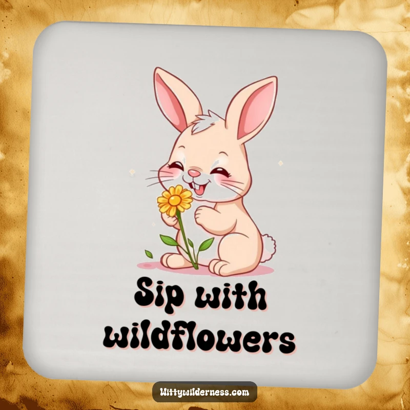 Funny drink coaster featuring a giggling bunny nibbling on a small wildflower, bringing garden charm to any table.