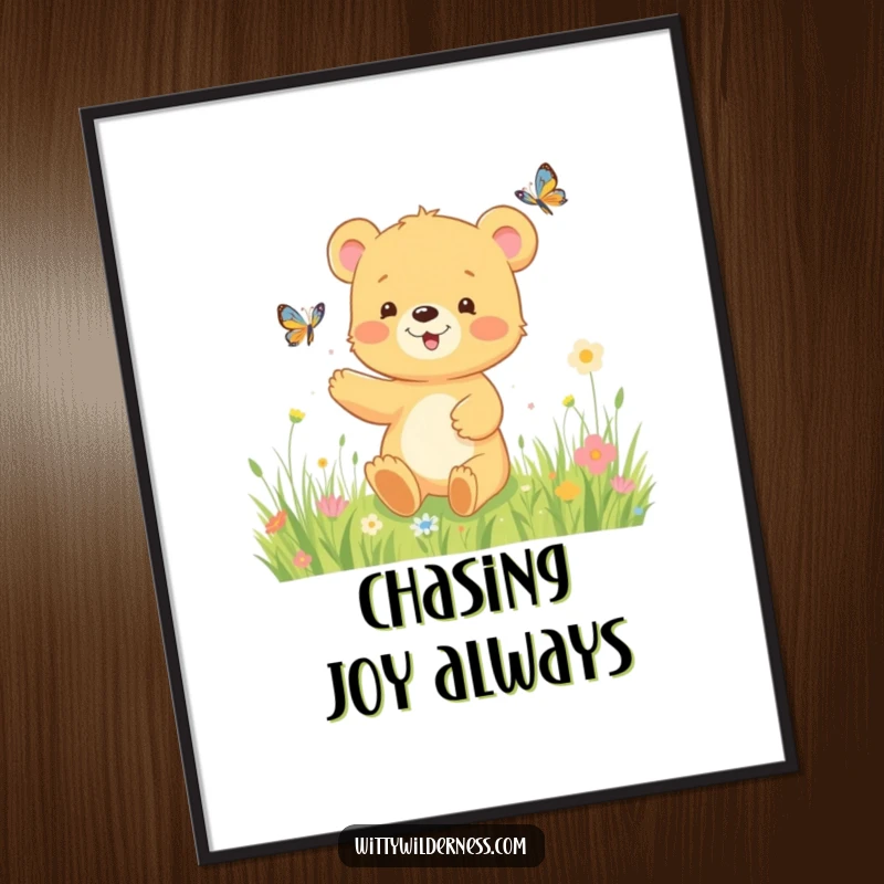 Funny poster artwork of a cheerful bear cub enthusiastically chasing butterflies in a vibrant meadow, a perfect depiction of playful innocence.