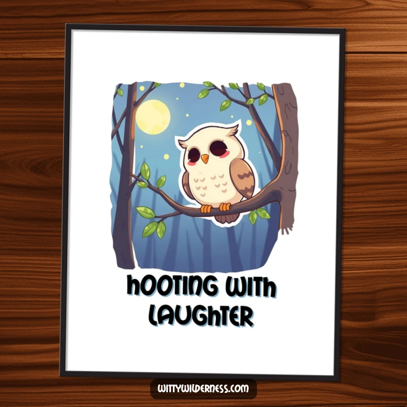 Funny poster illustrating a giggling owl perched on a branch, scanning the moonlit forest with a knowing, humorous gaze.