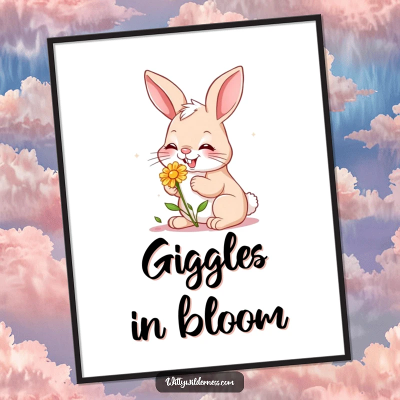 Funny poster artwork of a giggling bunny gently nibbling a small wildflower, a heartwarming depiction of garden delight.