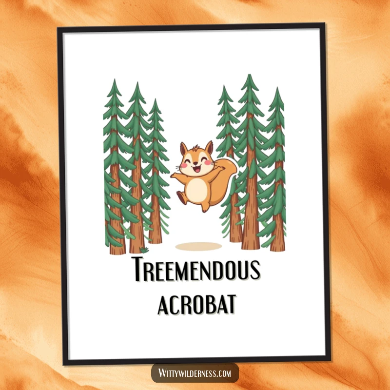 Funny poster illustrating a squirrel in a dynamic, joyful leap between pine trees, capturing energetic woodland fun.