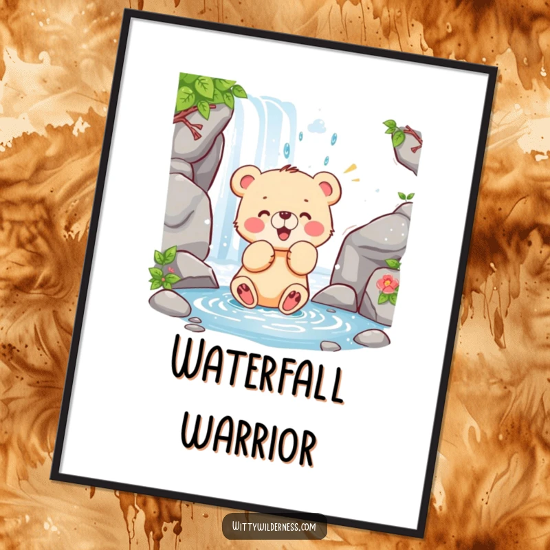 Funny poster illustrating a happy bear cub playfully swatting at a cascading waterfall, capturing pure, uninhibited joy.