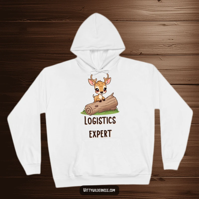 Funny hoodie featuring a determined deer cautiously stepping over a fallen log, embodying focus and forest exploration.