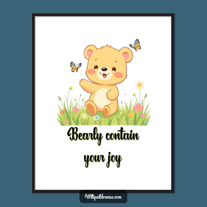 Free Printable Wall Art: Happy Bear Cub Meadow Scene, Adorable Downloadable Nature Decor