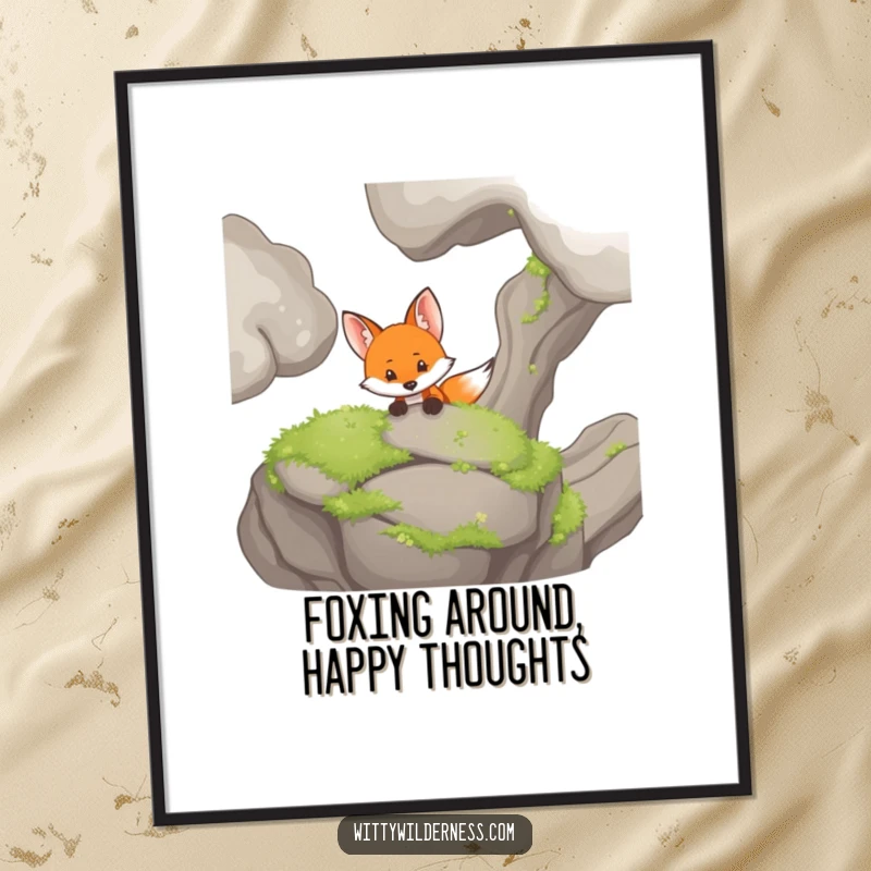 Funny Free Printable Wall Art: A curious fox peeking from behind a moss-covered rock, intriguing decor