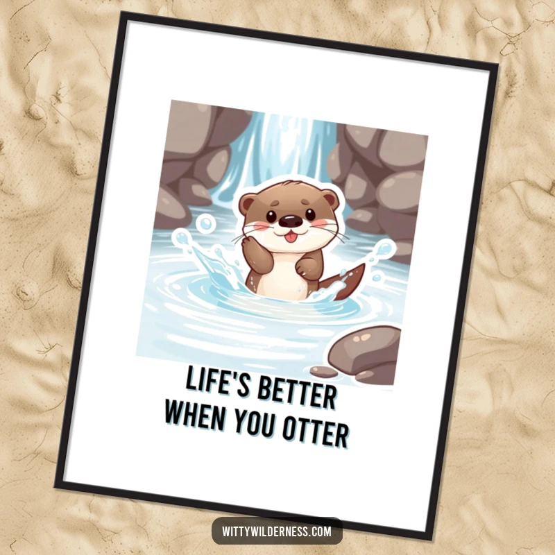 Funny Free Printable Wall Art: Playful otter pup splashing happily in a crystal clear stream, adorable water-themed decor.
