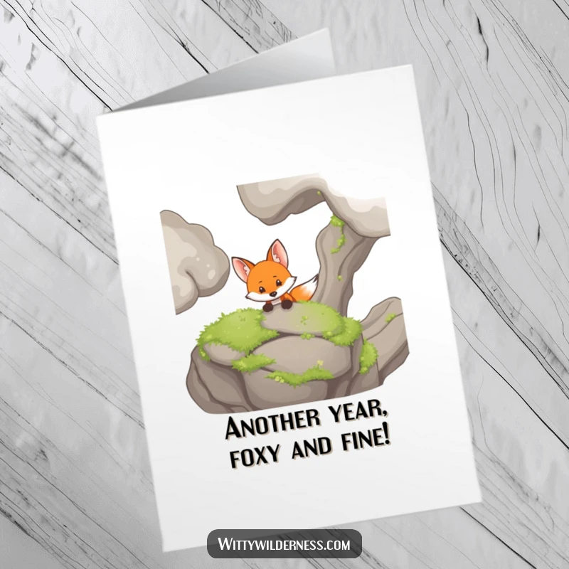 Funny Free Printable Birthday Card: Curious fox peeking from behind a mossy rock, a sly downloadable gift