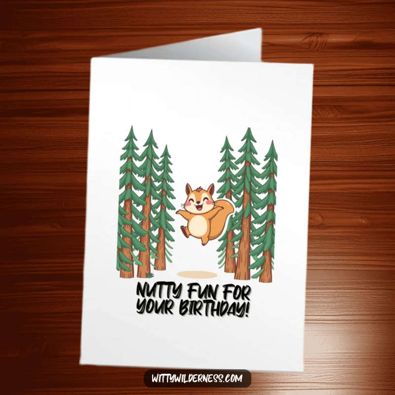 Funny Free Printable Birthday Card: Joyful squirrel leaping high between pine trees, a perfect downloadable gift