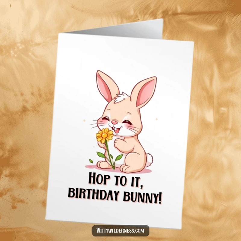 Funny Free Printable Birthday Card: Giggling bunny nibbling on a small wildflower, cute celebration gift, spring theme.