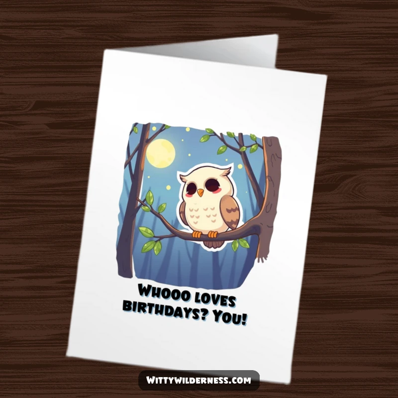 Funny Free Printable Birthday Card: Giggling owl on a branch under the moon, a whimsical downloadable gift