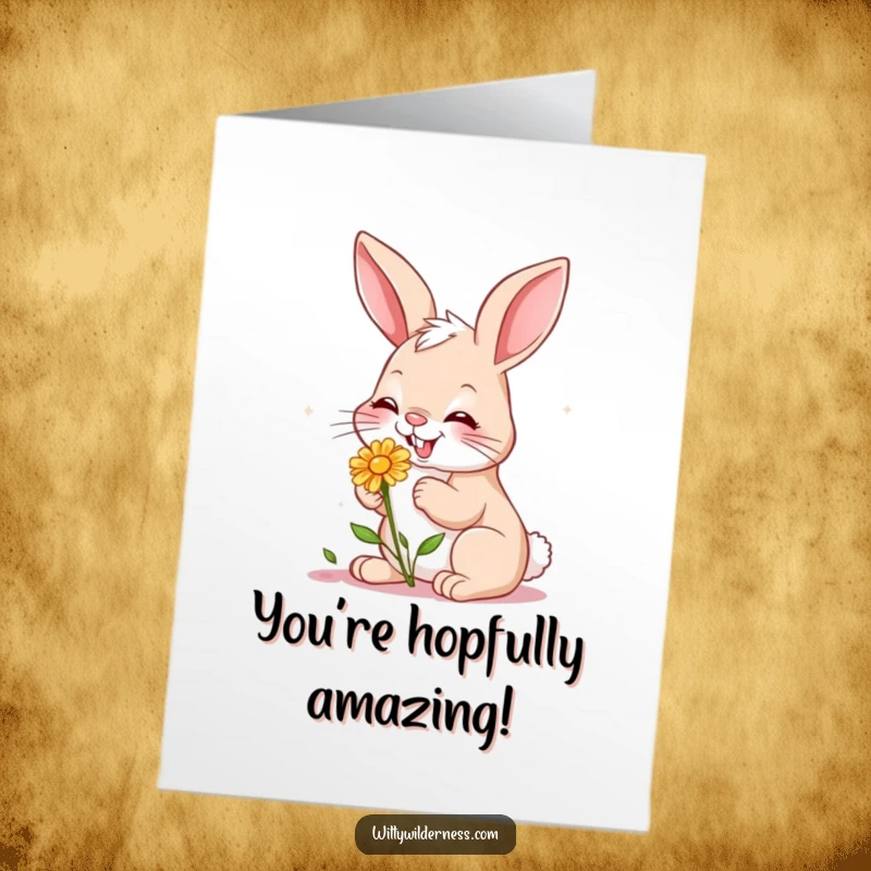Funny Free Printable Congratulations Card: Giggling bunny nibbling a wildflower, celebrating success, cute garden art.