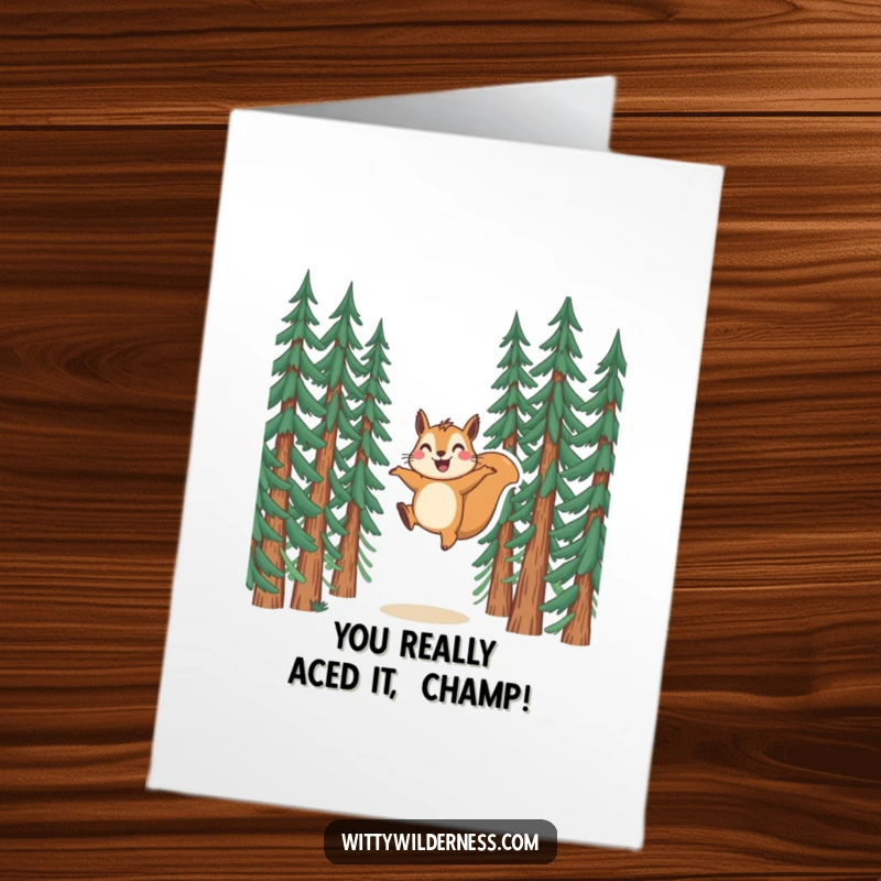 Funny Free Printable Congrats Card: Excited squirrel leaping between trees, perfect for celebrating wins