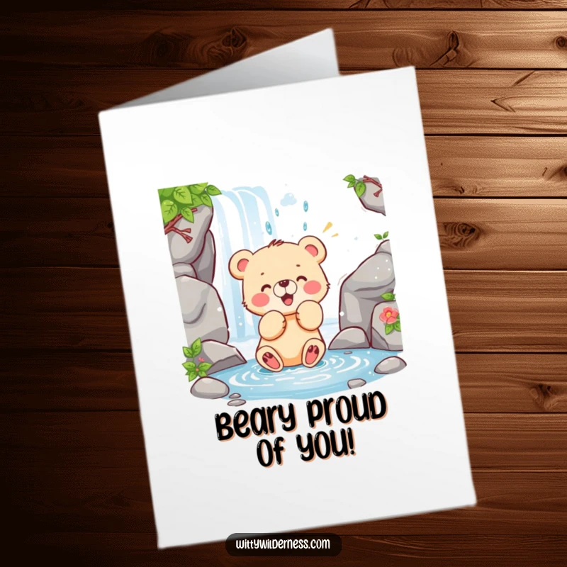 Funny Free Printable Congrats Card: A happy bear cub playing in a waterfall, a joyful downloadable gift