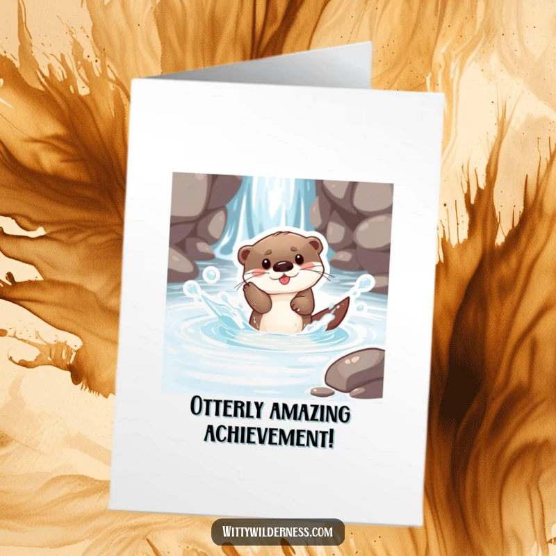 Funny Free Printable Congratulations Card: Playful otter pup splashing in a clear stream, celebrating success, water fun.
