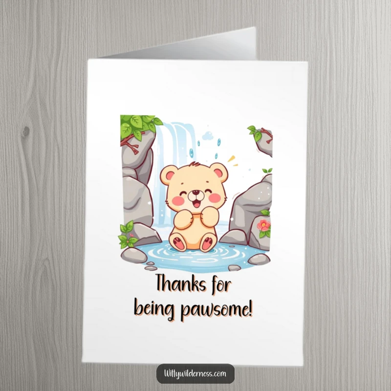 Funny Free Printable Thank You Card: A happy bear cub enjoying a waterfall, a sweet downloadable gift