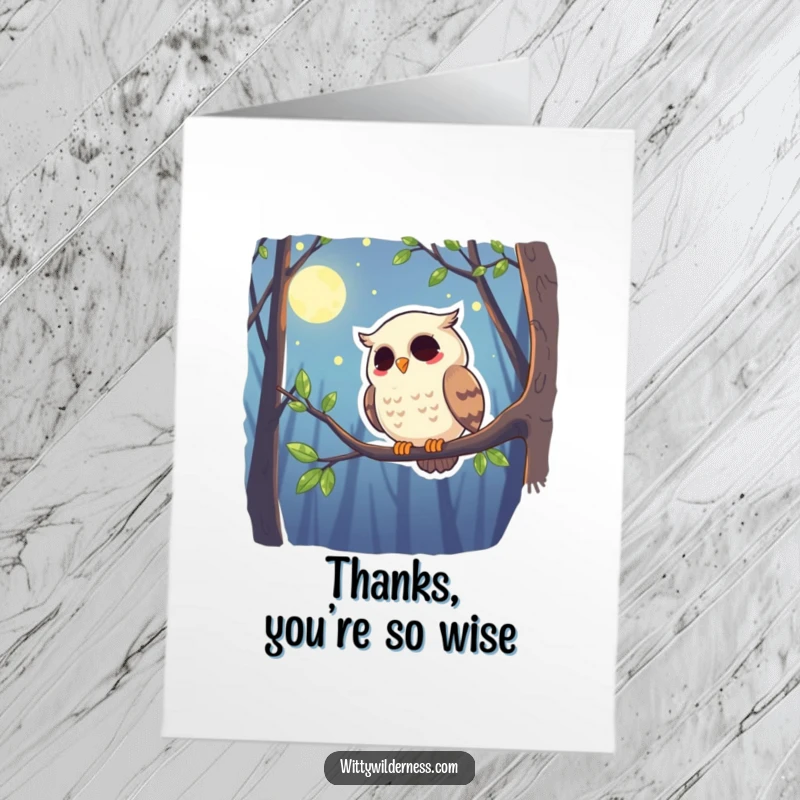 Funny Free Printable Thank You Card: A giggling owl on a branch, a moonlit downloadable gift of thanks