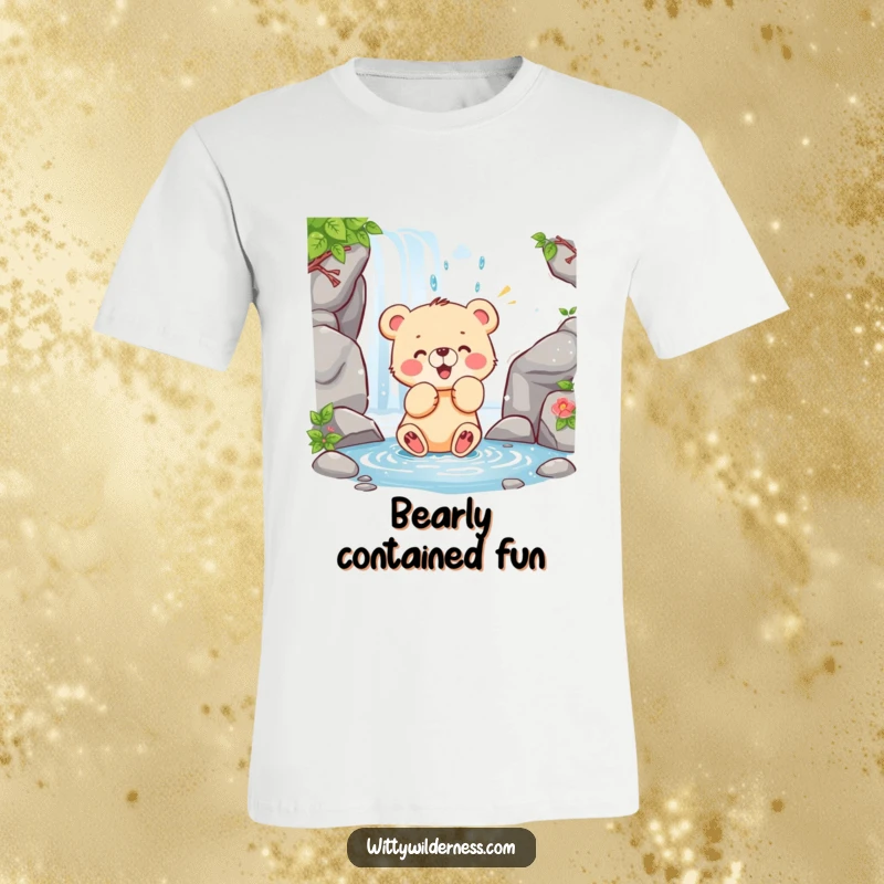Funny t-shirt featuring a happy bear cub playfully swatting at a flowing waterfall, embodying pure delight.