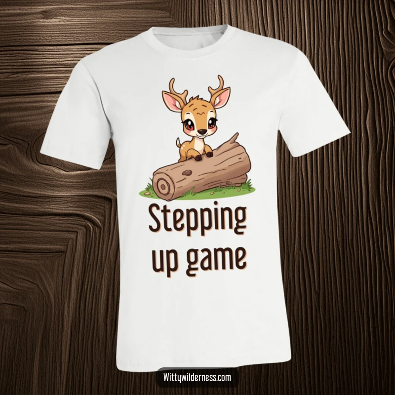 Funny t-shirt with a determined deer cautiously stepping over a fallen log, its bright eyes conveying focus.