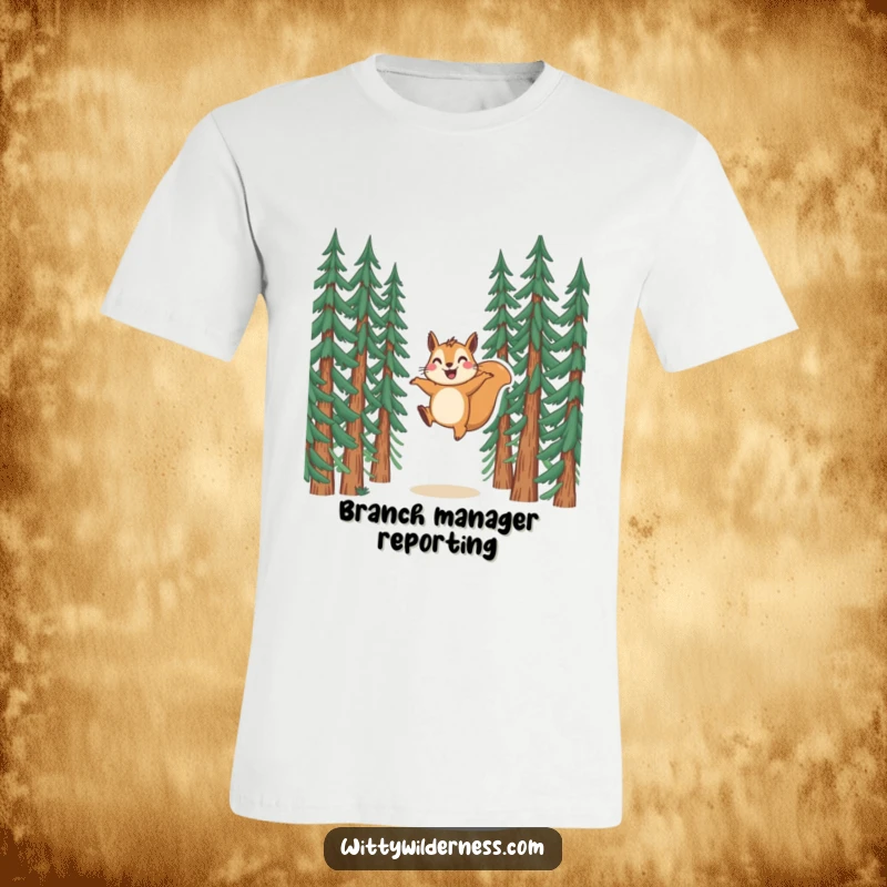Funny t-shirt with a joyful squirrel mid-leap between pine trees, expressing pure, unadulterated happiness.