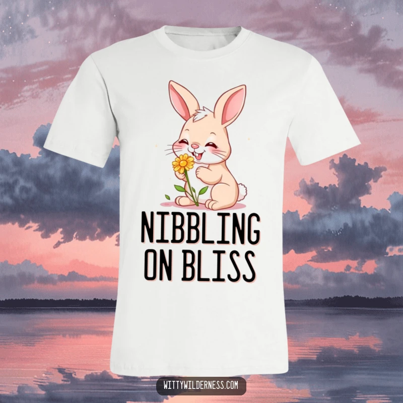 Funny t-shirt print of a giggling bunny happily nibbling a small wildflower, a scene of pure, innocent garden bliss.