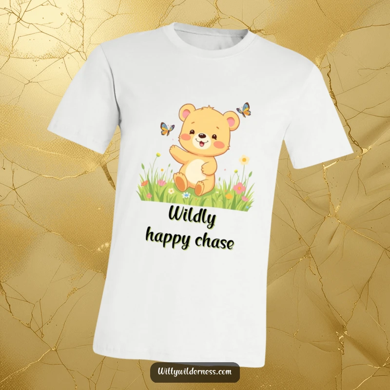 Funny t-shirt print of a joyful bear cub enthusiastically chasing a butterfly amidst a vibrant, flower-filled meadow, full of playful energy.