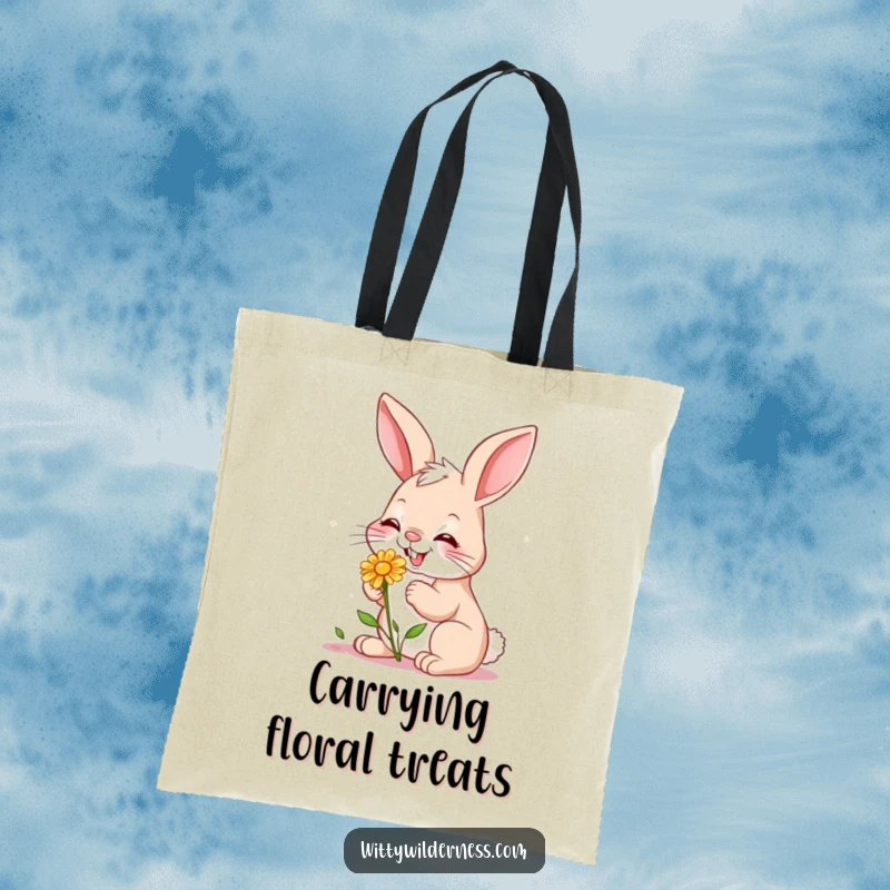 Funny tote bag illustrating a giggling bunny happily nibbling on a small wildflower, a perfect accessory for nature lovers.