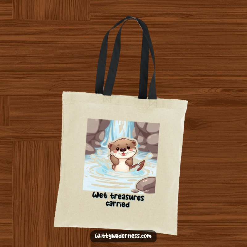 Funny tote bag illustrating a playful otter pup splashing happily in a clear stream, a perfect accessory for water lovers.