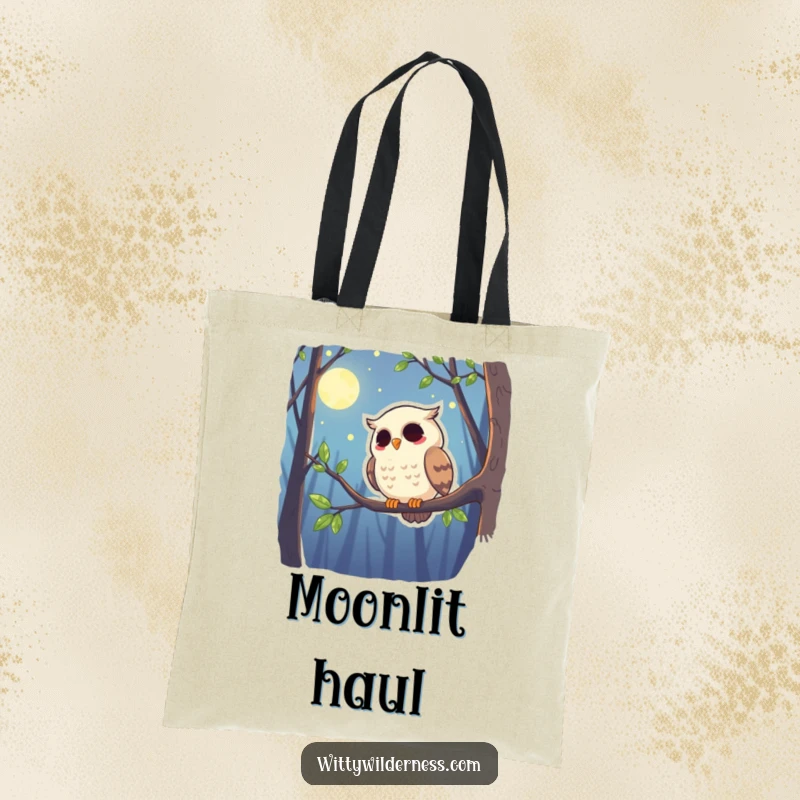 Funny tote bag with a giggling owl perched on a branch, watching over the moonlit forest.