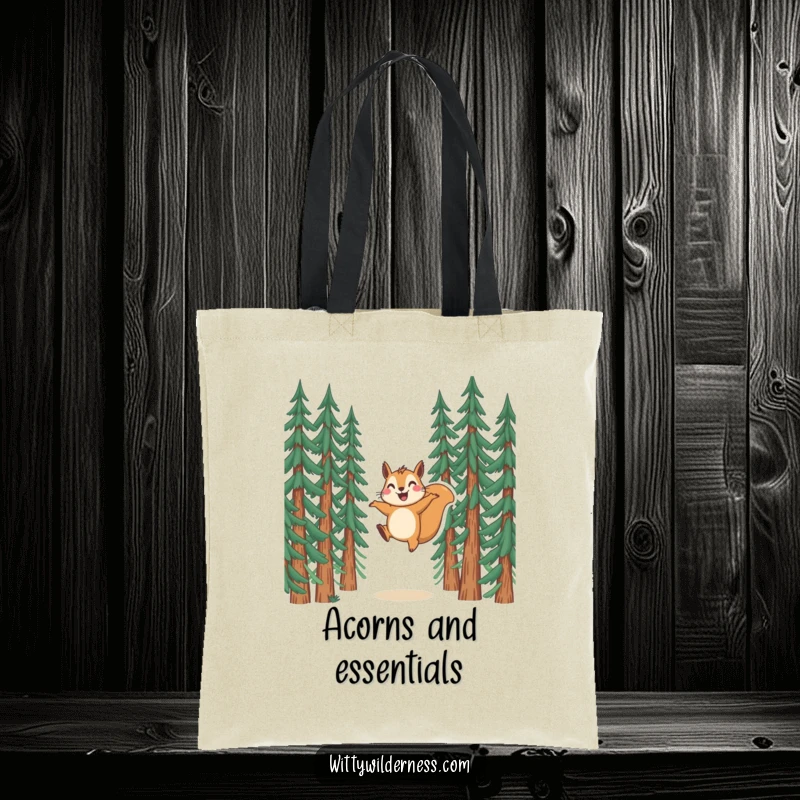 Funny tote bag depicting a gleeful squirrel leaping high between pine trees, a symbol of pure delight.