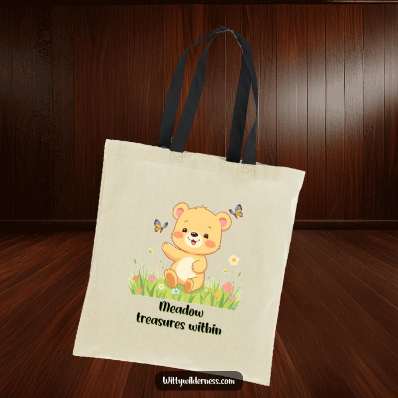 Funny tote bag illustrating a happy bear cub bounding through a sunlit meadow, playfully chasing a butterfly, a scene of pure joy.
