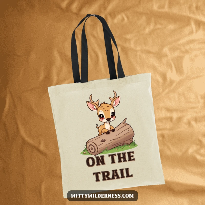 Funny tote bag with a determined deer cautiously stepping over a fallen log, perfect for woodland adventures.